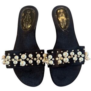 Charles Albert Black Velvet Pearl Embellished Slide Flip Flop Sandal Sz 9